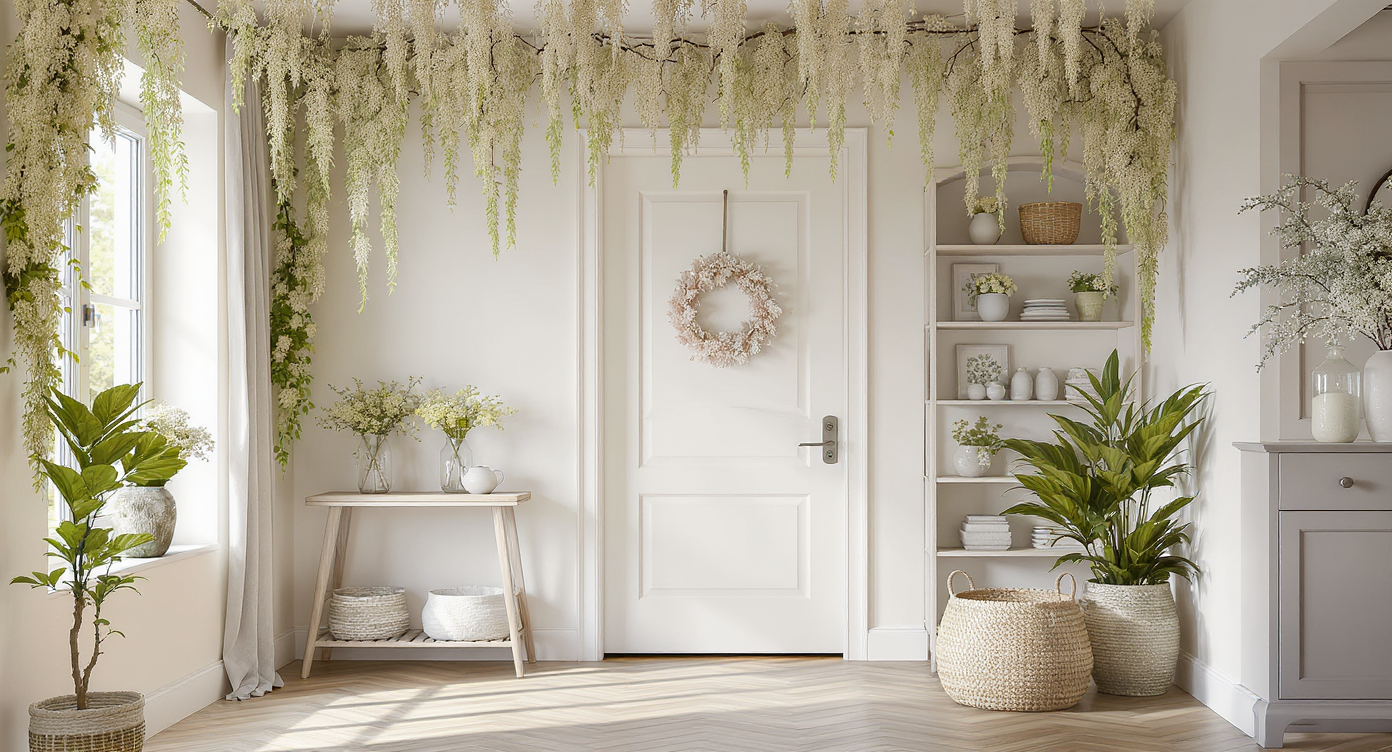۸ ایده برای دکوراسیون ورودی با گل مصنوعی راهرو